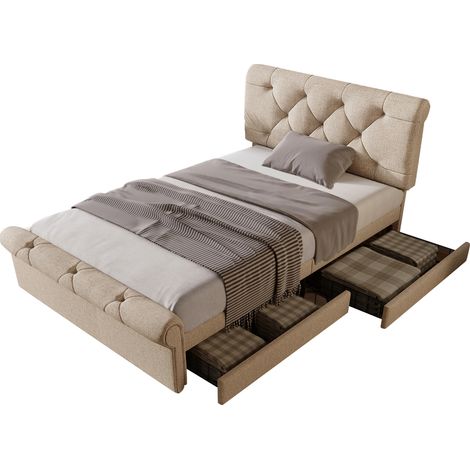 Bett mit Stauraum 90x200 cm aus Holz, Metall und Leinen in Natur, mit 2 Schubladen, höhenverstellbarem Kopfteil und Lattenrost (1/5)