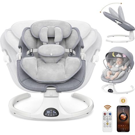 Transat Bebe Electrique 0-6 mois, Harnais 5 Points, 5 Vitesses, Minuteur 3 Niveaux, Balancelle Bebe Electrique avec Panneau Tactile, Télécommande et Musique pour Intérieur (1/5)