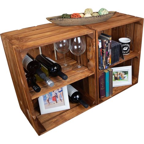 2er Set Holzkiste "Johanna" mit Mittelbrett quer lasiert in ocker 50x40x30cm Obstkistenregal Weinkiste Apfelkiste Regalkiste (1/5)