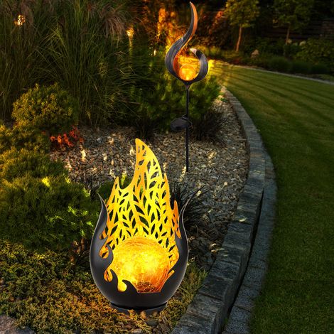 Lampes solaires de décoration de jardin pour l'extérieur, décoration de balcon extérieur boule de verre optique flamme or noir, poinçonnage décoratif en métal à batterie IP44, 1x LED, lot de 2 (1/5)