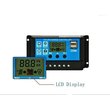 Régulateur de charge de panneau solaire PWM, 12 V/24 V, 30 A, écran LCD, double port USB-- (1/4)