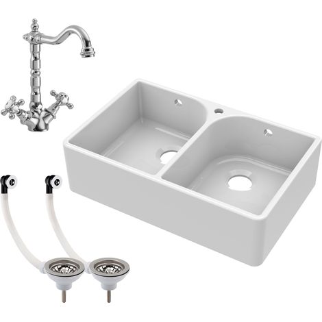 Fireclay Double Bowl Butler Kitchen Sink - 795mm with Tap Hole, Weir & Waste - Ceramic Belfast Style Kitchen Sink