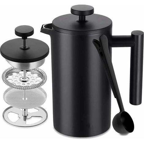 Cafetière à Piston, Français Presse Café Isolation à Double Paroi de 1 L, Paroi intérieure avec Cautèle, avec 5 Filtres à Café et Cuillère Doseuse, 7-8 Tasses, Noir Mat, Café, Thé (1/5)