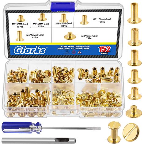Lot de 150 vis Chicago dorées assorties, M5 x 5 mm, 6 mm, 8 mm, 10 mm, 12 mm et vis à tête plate 4 x 4 mm, rivets à clous Chicago (1/5)