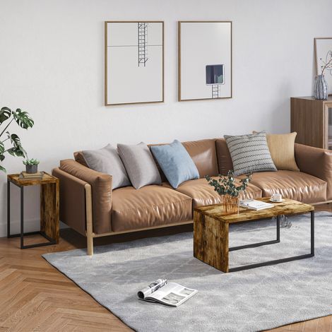 HOMCOM 2er-Set Couchtische, moderne Satztische, Beistelltische, Metallgestell, für Wohnzimmer und Schlafzimmer, groß 90 x 48 x 42 cm und klein 59 x 42 x 36 cm, rustikales Braun und Schwarz (1/5)