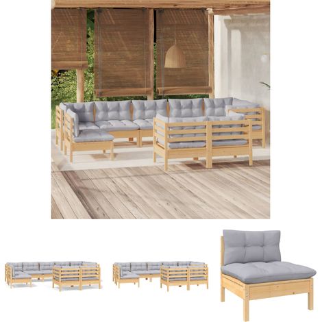 The Living Store -  9-tlg. Garten-Lounge-Set mit Grauen Kissen Kiefer Massivholz (1/5)