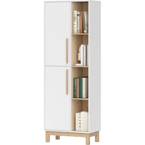 Bibliothèque de 176 cm de haut, 4 étagères ouvertes, 2 placards, bibliothèque autoportante, MDF, blanche (1/5)