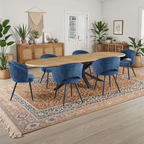 Table extensible 180-300 cm + 6 chaises tissu bouclette bleu - VENTER