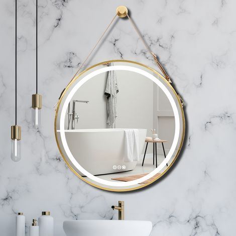 600mm Round LED Illuminated Bathroom Mirror with Demister and Touch Control Sensor Makeup Mirror With Hanging Belt, Gold (1/5)