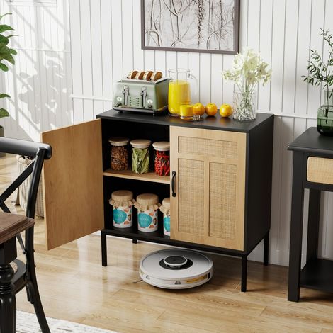 Meuble de Rangement en Rotin Meuble D&039appoint Bohème à Motif Asymétrique Buffet à 2 Portes avec Étagère Réglable à 3 Positions Noir (1/3)