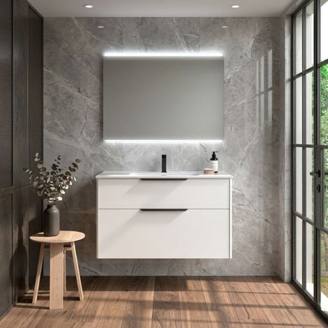 Mobile Bagno Sospeso 100 cm con 2 Cassetti e Lavabo Incluso Bianco Satinato – Paso