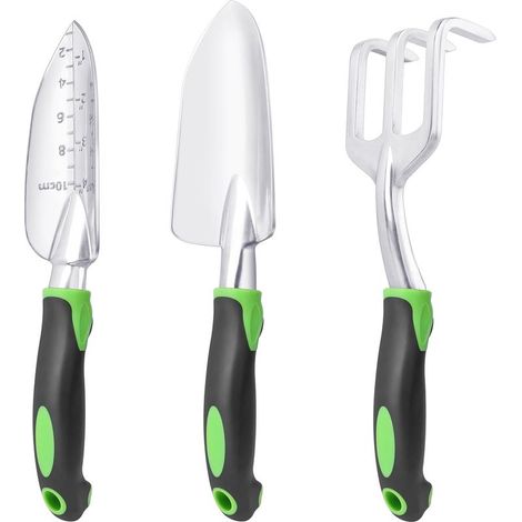 Ensemble d'outils de jardinage, un ensemble de trois outils de jardinage robustes, comprenant une pelle de jardin, verte. (1/5)