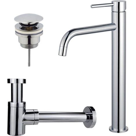 Fortifura Calvi Slim Kit mitigeur lavabo - robinet rehaussé - bonde clic clac - siphon design bas - Chrome brillant