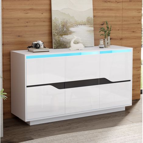 Buffet 140 x 40 x 70 cm 3 portes avec LED, blanc et noir DESVIAE (1/5)