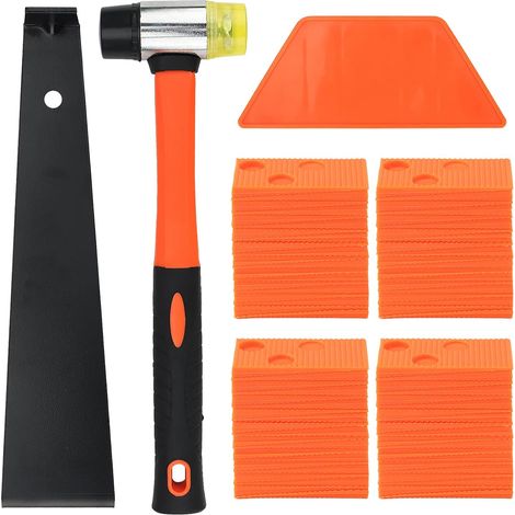 Kit d'installation de sol stratifié en bois - 63 pièces - Kit de pose stratifié en vinyle avec 60 cales de montage, 1 bloc à percussion, 1 barre de traction, 1 marteau pour pose stratifié (1/5)
