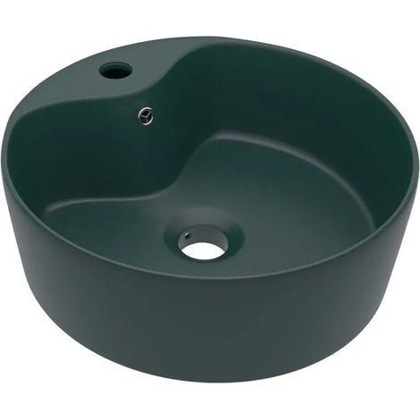 Lavabo de luxe avec trop-plein, vert foncé mat, 36 x 13 cm, céramique