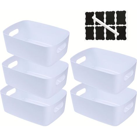 Lot de 5 Paniers Boîtes de Rangement en Plastique avec Poignées,Paniers de Rangement Empilables pour la Cuisine,Paniers & Boîtes de Rangement Cuisine Salle de Bain (Blanc, 20×14.7×7 cm)