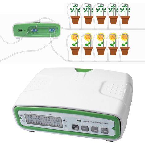Automatisches Doppelpumpen-Bewässerungssystem für 20 Topfpflanzen mit 30-Tage-Programmierzeitschaltuhr, LCD-Display und 15 m langem Schlauch