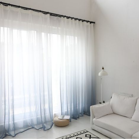 Rideaux en voile dégradé blanc et bleu (2 pièces), 132 x 265 cm, avec œillets, style moderne pour salon. (1/2)