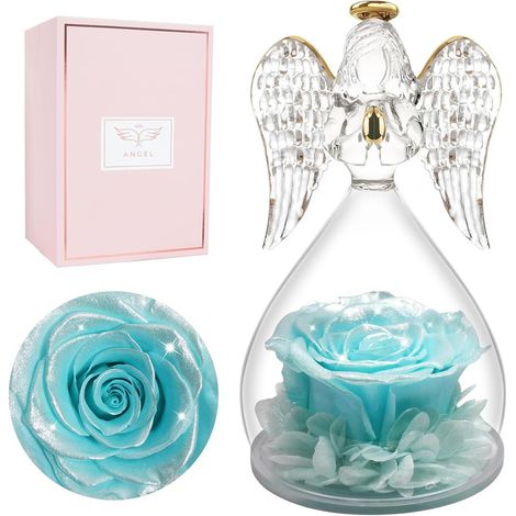 Ewige Rose Engelfigur Glaskuppel Schutzengel Glänzendes Hellblau (1/5)