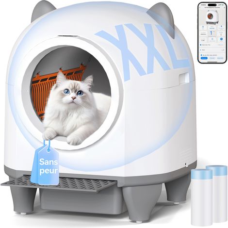 Devoko – Litière autonettoyante pour chat 90L – Bac XXL avec capteurs de sécurité 9-en-1 – Contrôle via application – Poubelle 8L et désodorisant solide