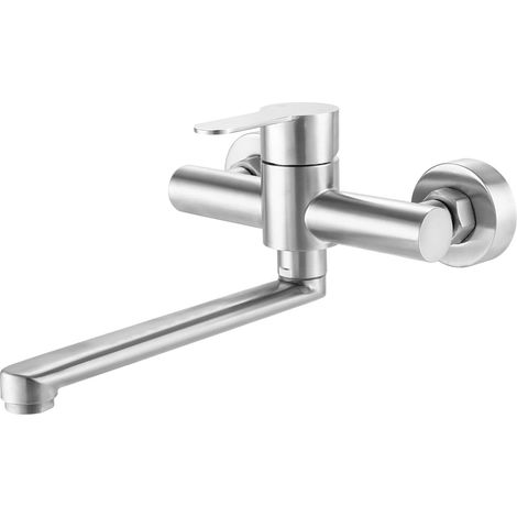 Wandmontierte Küchenarmatur, 360° schwenkbar, Edelstahl 304, Warm- und Kaltwasseranschluss, 23 cm Schwenkauslauf, gebürstete Oberfläche