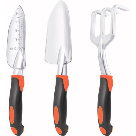 Ensemble d'outils de jardinage robustes 3 pièces, comprenant une bêche de jardin, une bêche de transplantation et un râteau à main avec manche ergonomique, pelouse en aluminium pour plantation, orange (1/5)