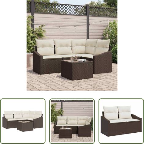 Poly-Rattan - Gartensofa-set mit Kissen 5 pcs Braun und Creme Poly-Rattan (1/5)