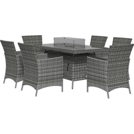 7 Pieces Outdoor Rattan Garden Furniture with Fire Pit Table, 6 Seater Garden Table Chairs with Cushions, Rattan Dining Set with Propane Heater Table, Windscreen, 50,000 BTU, Grey (1/5)