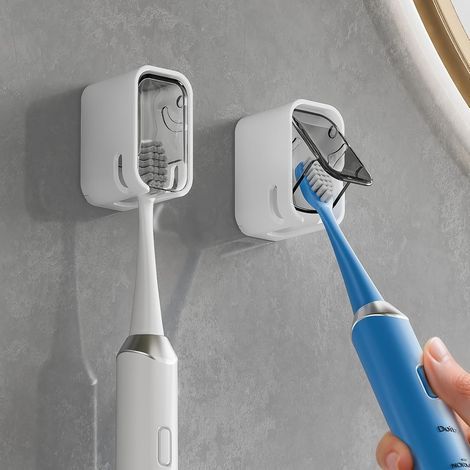 Support Pour Brosse À Dents - Montage Murale Sans Perçage - Avec Couvercle Étanche Et Aération - Pour Salle De Bain Douche - Lot De 2 (1/5)