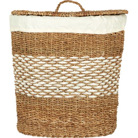 Premier Housewares Natural Oval Seagrass Basket With Lid Woven Storage Basket With Removable White Liner Eco Friendly Hamper Basket Picnic Basket 39 x 49 x 49 (1/5)