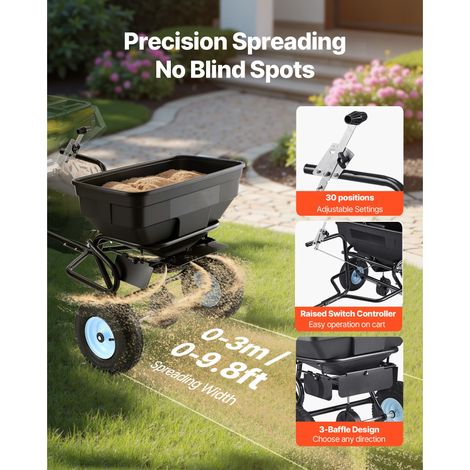 Épandeur tracté et poussable, capacité 59 kg, jardin avec roues 33 cm, 30 réglages et largeur 3 m, pour gazon, semence, engrais, sel, dégivrant (1/5)