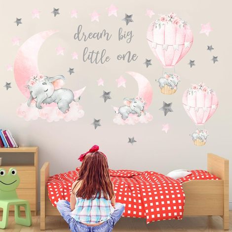 Elefant, rosa Mond, Stern, Heißluftballon, Tier-Wandtattoos, Vinyl-Wanddekoration für Kinderzimmer, Schlafzimmer, Zuhause (1/5)