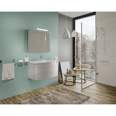 Hängender Badezimmerschrank 100 cm aus nordischem Holz mit Keramikwaschbecken und Spiegel - Estonia