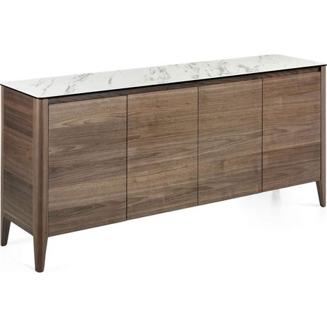 Buffet 4 portes soft-closing étagère intérieure verre transparent bois revêtement marbre céramique - Noyer, blanc, gris, transparent (1/5)