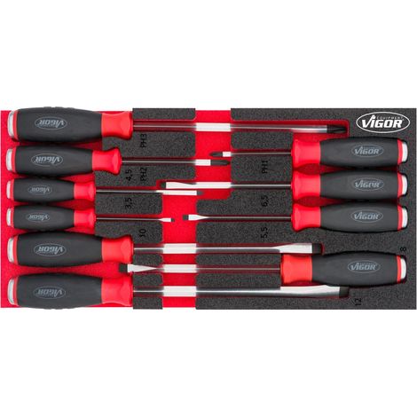 VIGOR Schraubendreher Satz, mit Schlagkappe, Kreuzschlitz Profil PH, Schlitz Profil, 10-tlg., 0,6 x 3,5 - 2 x 12, PH1 - PH3, Anzahl Werkzeuge: 10 (1/3)