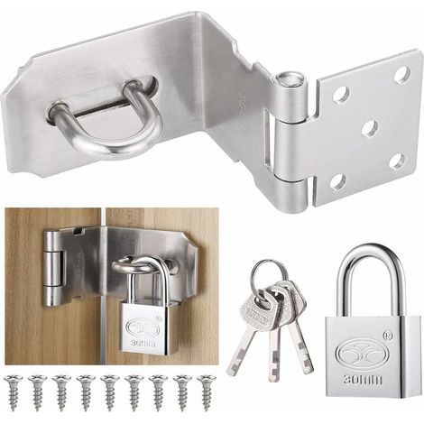 Moraillon de serrure de porte - avec cadenas, vis et clé - Acier inoxydable - Angle de 90 degrés - Encliquetable (1/5)