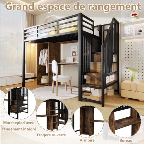 Lit mezzanine 90x200 cm, structure métallique noire, avec rangements intégrés, armoire, bureau, échelle de rangement, sans matelas, lit surélevé en fer (1/5)