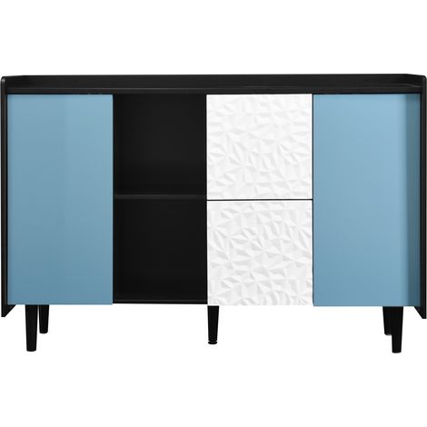 Buffet noir avec portes bleues, 2 tiroirs et espaces ouverts, meuble de rangement moderne pour cuisine et salon (1/5)