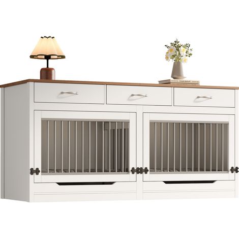 Cage pour chien grande taille, meuble avec 3 tiroirs, porte relevable, séparation amovible, pour 1 ou 2 chiens, MDF métal blanc aspect bois, 164 x 60 x 81 cm  CHICFURN (1/5)
