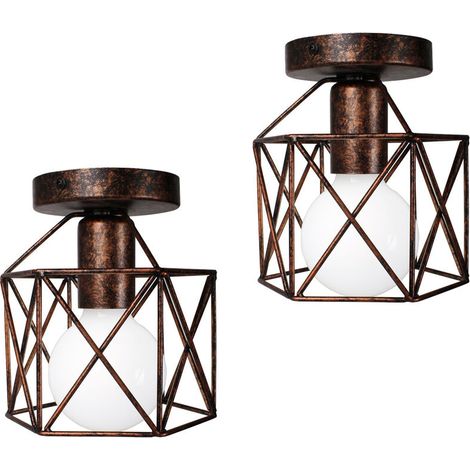 Retro Plafonnier Industrielle en Métal Carré Fer, Suspension Cage Cube Luminaire E27 pour Salon Chambre Café Bar Restaurent Entrée Couloir (Lot de 2 Rouille) BLOW (1/4)