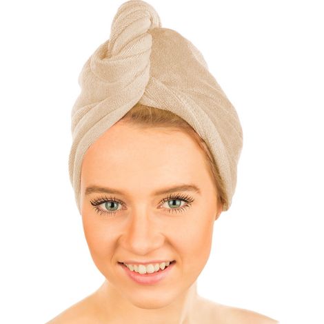 938230 Toalla Setablu turbante para secar el pelo con botón de agarre 67x27cm (1/2)