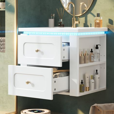 Mueble de baño suspendido 61x47x50 cm en MDF blanco, LED y almacenaje – MEUBLIV (1/5)
