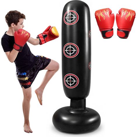 Sac de Frappe Gonflable de 160 cm pour Enfants avec Gants de Boxe, Sac de Frappe Portable pour Enfants, Doux et Confortable, Sac De Frappe sur Pied pour Boxe, Karaté, Taekwondo (1/5)