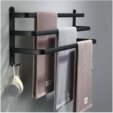 Schwarze Handtuchstange fürs Badezimmer – Wandmontierte, selbstklebende Handtuchstangen – wasserfest mit Haken (50 cm, drei Stangen) TRIMEC (1/5)