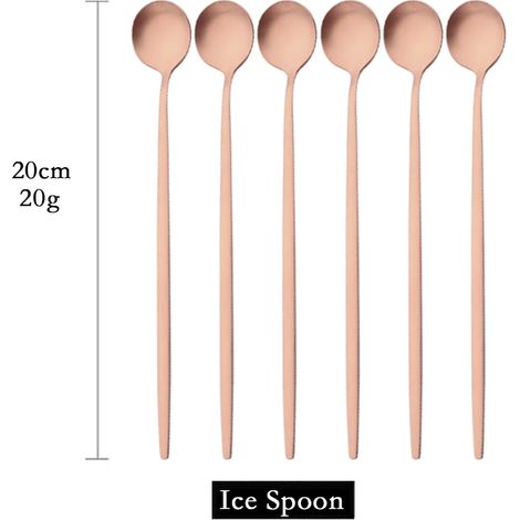 Cuillères à long manche mates (or rose, lot de 6) pour remuer les boissons, couverts en acier inoxydable