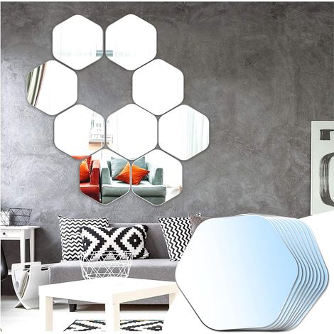 Miroir mural autocollant hexagonal décoratif, idéal pour la chambre, le salon ou une porte, 200 x 230 x 115 mm (Hexagone, 9 pièces)