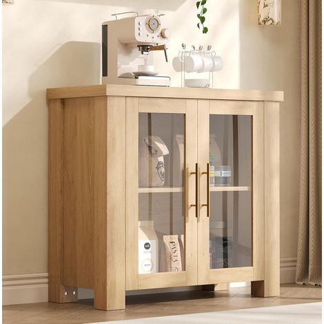 Buffet Bas Vaisselier 80 cm, Meuble de Rangement avec 2 Portes en Verre Trempé et Étagères, Bois Naturel (1/5)