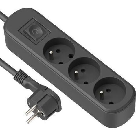 Bloc Multiprises 3 prises, interrupteur et fiche Plate - 1,5m, noir (1/5)