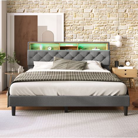 Lit coffre 140x200 LED tête de lit rangement gris HAVRYA (1/5)